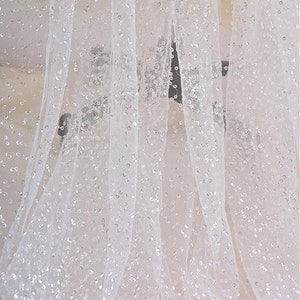Premium Ivory Mesh Lace, Sparkle Glitter Sequined Overlay Gauze Lace, Silver Sequin Netting Fabric For Bridal Gown, Dance Prom, By 1 Yard