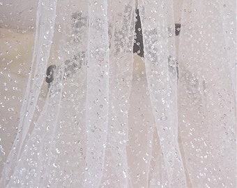 Premium Ivory Mesh Lace, Sparkle Glitter Sequined Overlay Gauze Lace, Silver Sequin Netting Fabric For Bridal Gown, Dance Prom, By 1 Yard