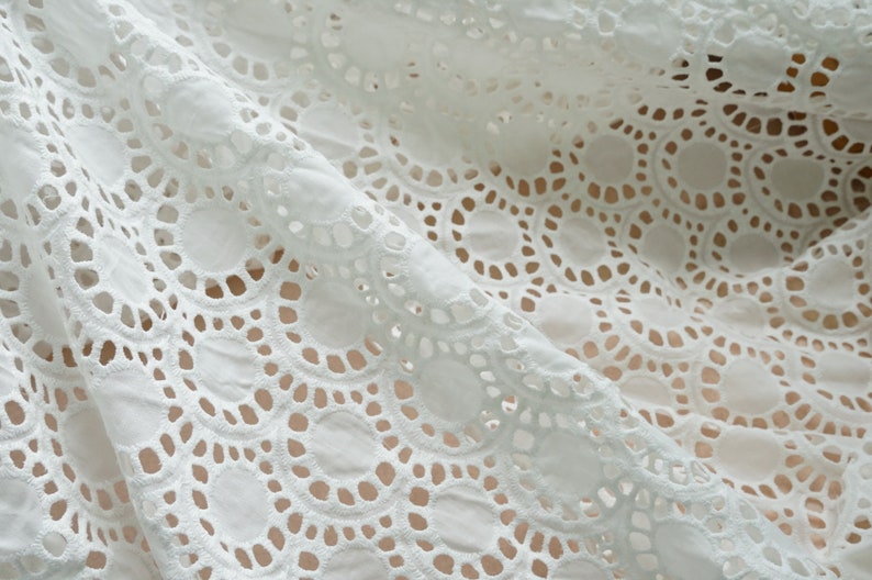 Scallop Pattern Pure cotton lace for Boho Dress Vintage Cotton Eyelet Flower Lace Fabric in Off white Girl Dress Tablecloth or Curtains