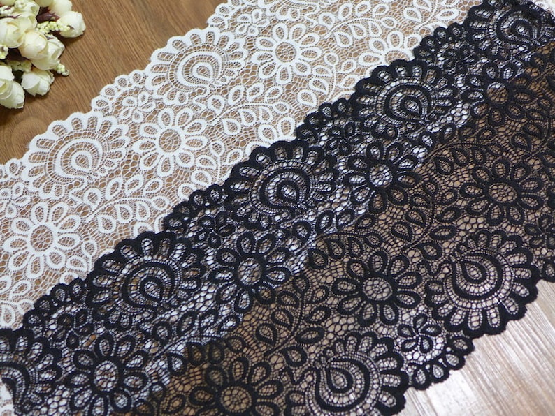 Stretch Lace Elastic Fabric Trim, Black Lace, Off white Stretch, Lace pour bandeaux, par 2 yards image 1