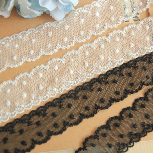 Cotton Embroidery Polka Dot Mesh trim, Soft Dotted trim,  Embroidery tiny flowers lace trim For Cuff, Blouse, Sash Belts, Doll Costume