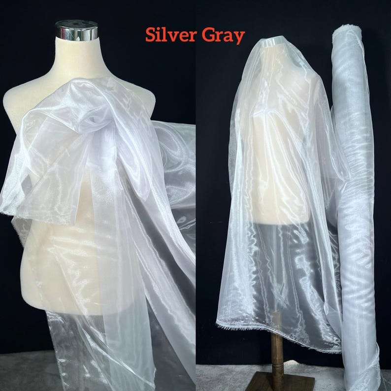 Aqua Schimmer Organza spitze stoff, Glanz schiere stoff Für Hochzeitskleid, Fliege, Houte Couture, Fotografie, Kleid Futter, 1 Yard Silver Gray