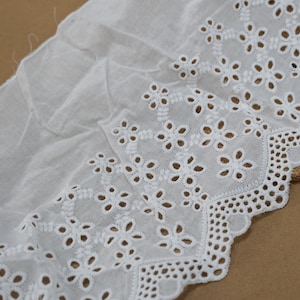 Embroidery Flowers Cotton Lace Trim in Off white, Eyelets Scallop border trim, Bridal cotton lace trim for Baby dress,  Baptism, 2 Yards