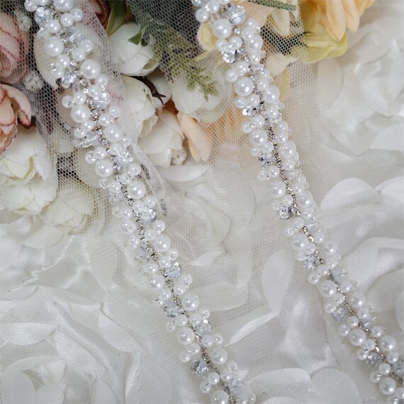 Bridal Beaded Trim Ivory Pearls Rhinestone Chain Beads Wedding Lace for Bridal Sash, Costume Collar, Jewelry Design, Strap Decor, by 1 yard Bridal Beaded Trim Ivory Pearls Rhinestone Chain Beads Wedding Lace for Bridal Sash, Costume Collar, Jewelry Design, Strap Decor, by 1 yard