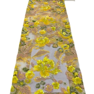 Vibrant Sequin Floral Applique Fabric, Multi-colors Lux apricot Garden fabric lace for Split Skirts, Wedding guests, Evening gown, 1 Yard