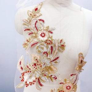 Lyxiga pärlor paljetter broderi spetsapplikation, guldröd couture sömnad blomlapp, för aftonklänning, formell klänning, brudklänning, kläder