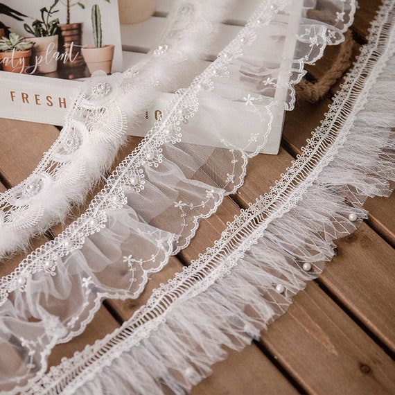 Adorable Fluffy Floral Lace Trim in off White, Pleated Tulle Lace Trim,  Ruffled Beaded Trim for Custom Design, DIY Crafts, Dress Hem, 1 Yard 