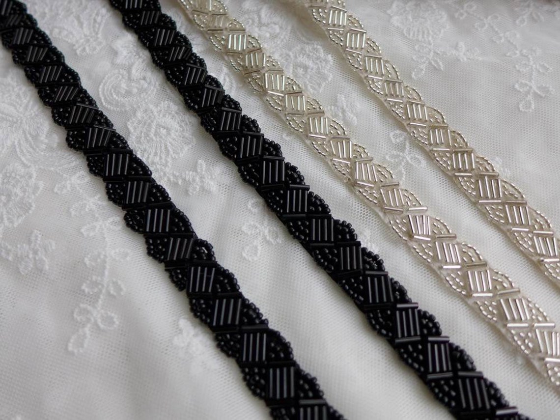 2 Color Beaded Trim Black Beaded Lace Silver Beaded Trim Etsy