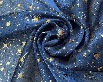 Glitter Shiny Crepe Starry Overlay Organza Fabric, Gold Stars cosmos fabric for Photography, Costume Design, Evening Dress, By 1 Yard