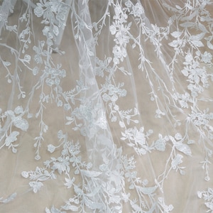 Gorgeous Embroidery Ivory Floral Bridal Lace, Sequined Flower Wedding Costume Lace For Formal Dress, Engagement, Party Prom, by 1 yard