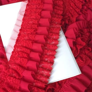3 Layers Folding Pleated Chiffon Lace Trim, Red Ruffled Lace Trim, Soft Airy Ruffled trim For Lingerie, Lolita, Costume Design,  1 Yard