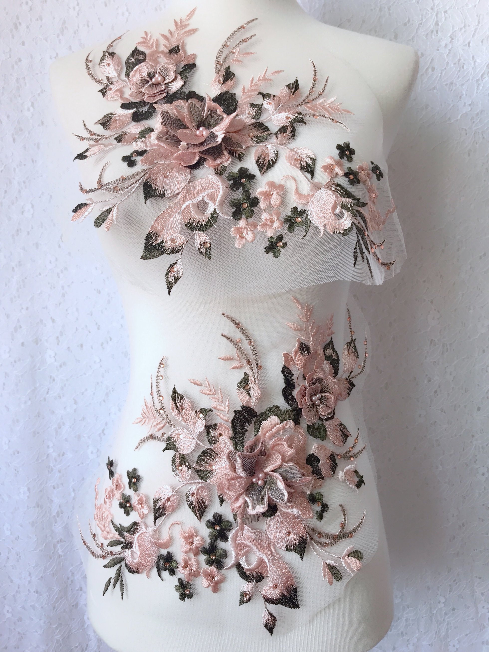 Two-tone Lace Applique Beaded 3D Flower Appliqué Pair for | Etsy