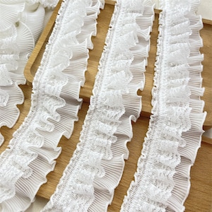 2-Wege Stretch Rüschenband in Off White, Chiffon Spitzenband, 2 Schichten elastisches Rüschenband für Manschette, Puppen Kleid, Kostüm Kleidung, 1 Yard