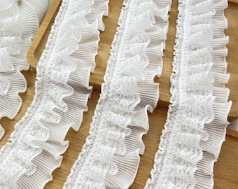 2 ways Stretch Ruffled Lace Trim in Off White, Chiffon Lace Trim, 2 layers Elastic Ruffle Trim for Cuff, Doll Dress costume clothing, 1 yard