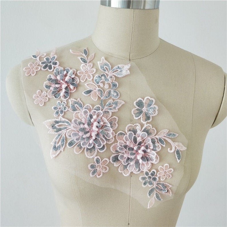 By 1 piece Evening Wear Embroidery Bodice Applique For Wedding gown Colorful Sequined 3D Flower Lace Applique Dance prom Bridal Dress