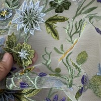 Gorgeous Embroidery Floral Bridal lace fabric In Green Mesh, Multi-colors embroidery Purple Petal lace For Wedding Gown Veil, Couture,1 Yard