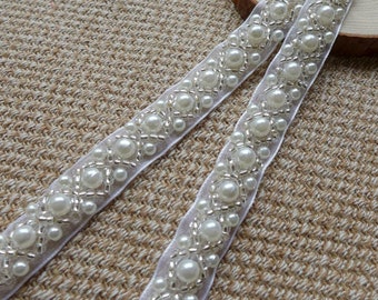 Beaded Lace Trim - Ivory Pearl Beaded Trim 36" long,  (1.5 cm) 0.59"wide for Women sashes, Wedding Belt, Costume Jewelry, By 1 yard