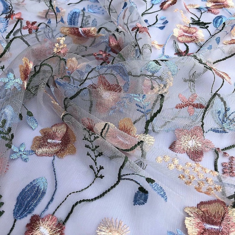 Soft Colorful Floral Tulle Lace Fabric Heavily Embroidery Etsy