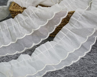 2 Layers Pleated Organza lace trim in champagne, Scallop border Ruffled Lace Trim for Custom Decor, DIY Crafts, Sleeves, Cuff, Lace Collar