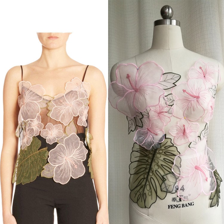 Lace Applique, Organza Flower, Pink Flower Green Leaf