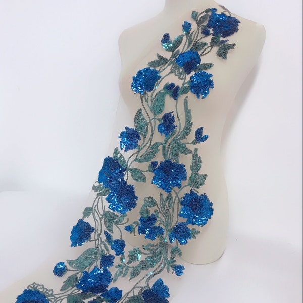 Blue Tone Floral Tier Flower Trim Sequin Tulle Applique, Turquoise Sequins Applique for Lyrical Dance, Garments, Costume Design  1 Pcs