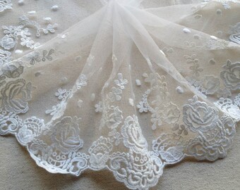 2 Yards Embroidered Tulle Lace Trim in Off White for Wedding Dress, Handbag, Sleeves, Costumes