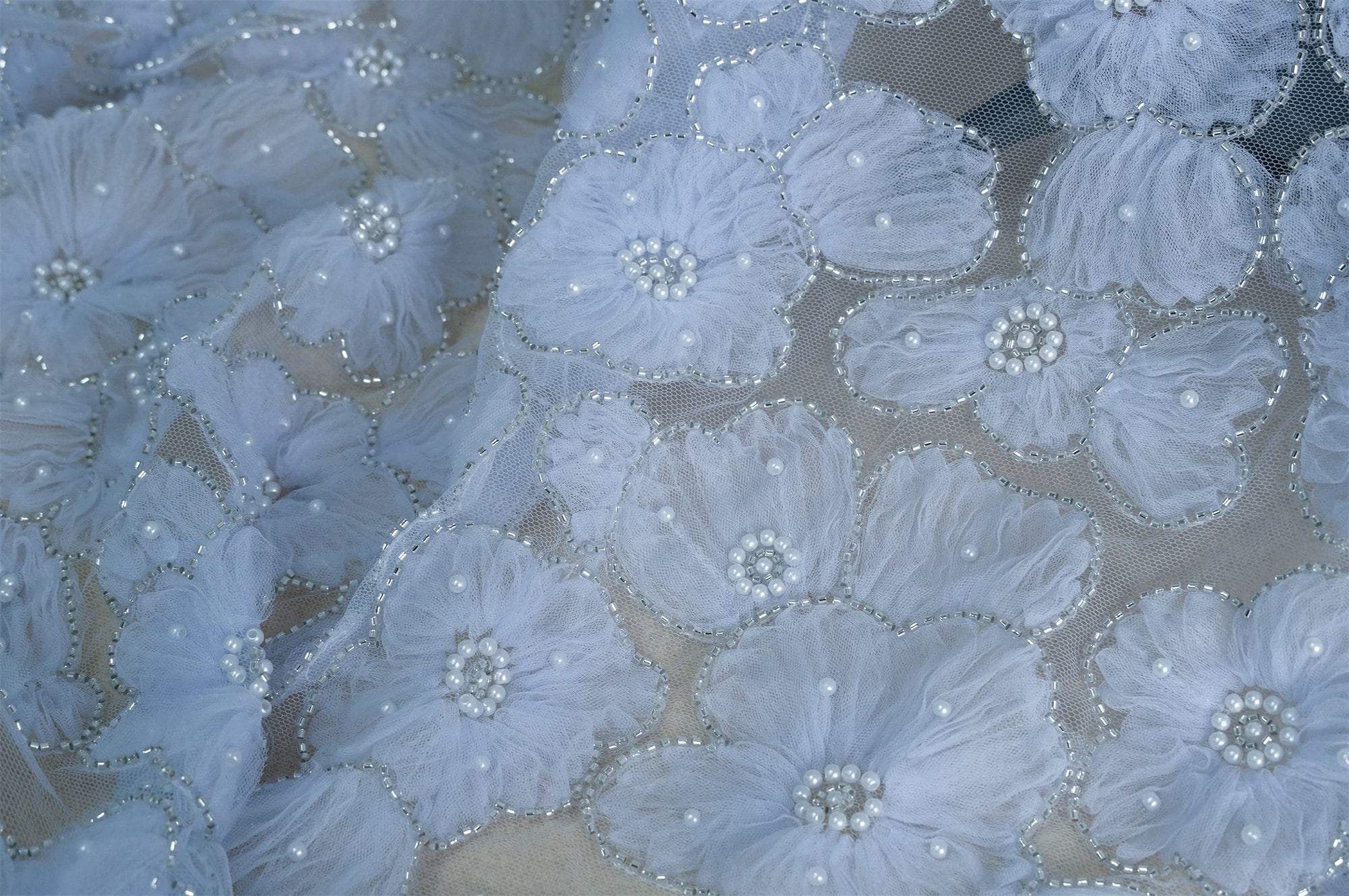 Fairy 3D Puffy Mesh Petals Bridal Lace Fabric, Embroidery Sequins silver Beads fabric in Light blue for Evening Gown, engagement, 1 yard