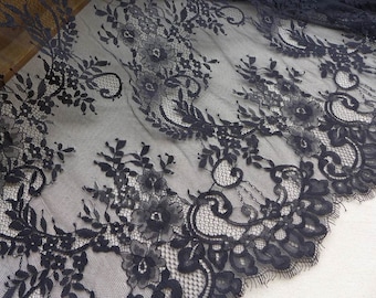 Tela de encaje negro con pestañas, tul suave, encaje floral, tela para bodas y novias, por 1 yarda.