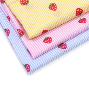Strawberry Print Seersucker Fabric By The Yard, Striped Venice Fabric, Children Clothing Material, Summer Dress Fabric, Quilting Fabric