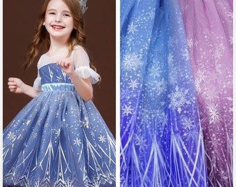 Frozen Print Silver Snowflake Tulle lace fabric, Soft Ombre Mesh Polka Dots Fabric For Princess Gown, Party Dress, Birthday Dress, Cosplay