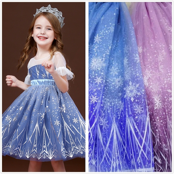 Frozen Print Silver Snowflake Tulle lace fabric, Soft Ombre Mesh Polka Dots Fabric For Princess Gown, Party Dress, Birthday Dress, Cosplay
