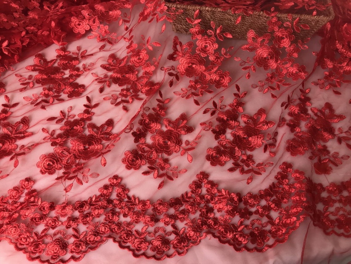 Red Lace Fabric Red Floral Scalloped Lace Fabric Wedding - Etsy