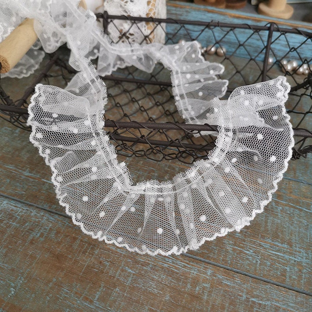Soft Pleated Tulle Lace Trim, Polka Dots Lace Trim, Ruffled Swiss