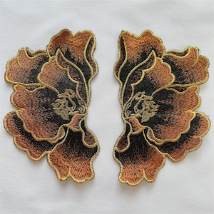 Peony Embroidery Jacket Lace Applique, Brown Embroidery Flower Applique Patch for Coat embellishment, Clothing Decor, By 1 Pair