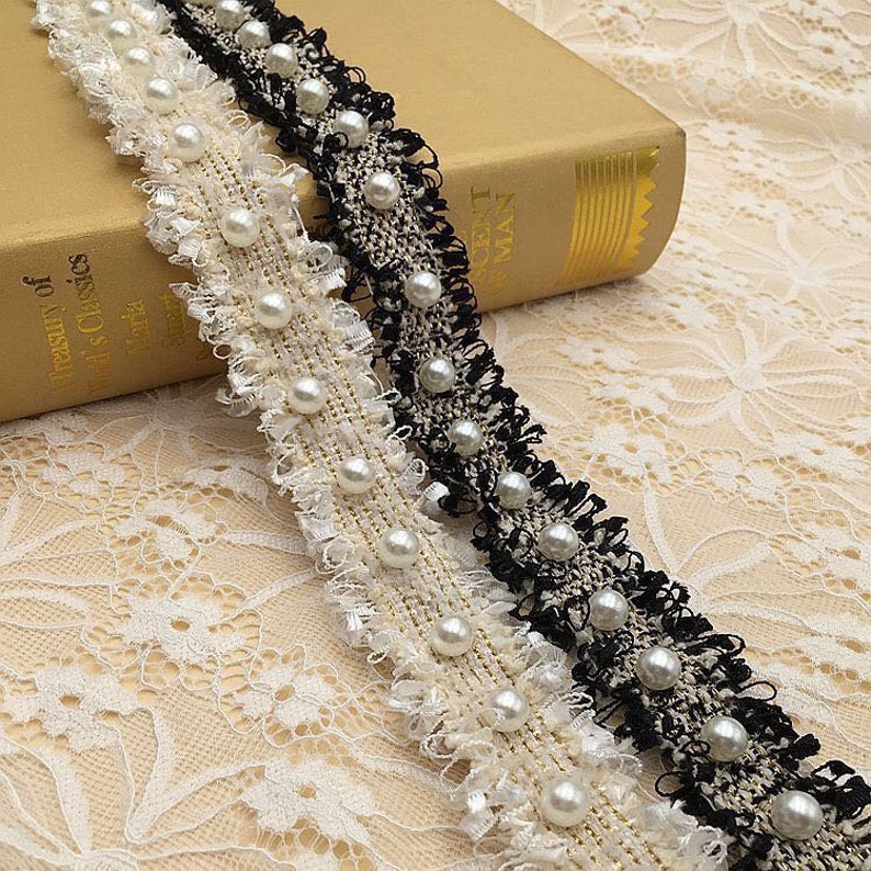 Chic Webbing Pärlor Pärlspetskant, Kungligt blå pärlspets, Krämfärgad bröllopsskärp Bälte, Millinery kant, Heminredningskant, 1 kubikmeter bild 3