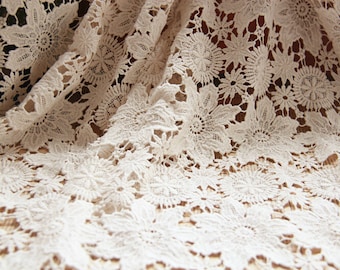 Vintage style cotton fabric, beige crochet lace fabric, women dress and window curtains fabric