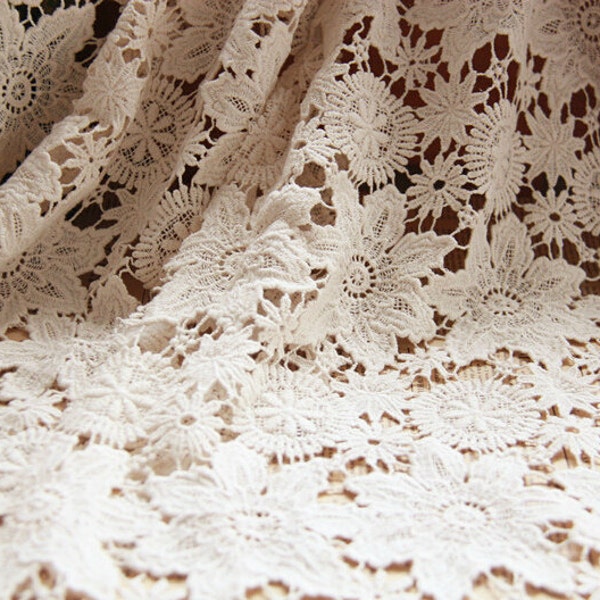 Vintage style cotton fabric, beige crochet lace fabric, women dress and window curtains fabric