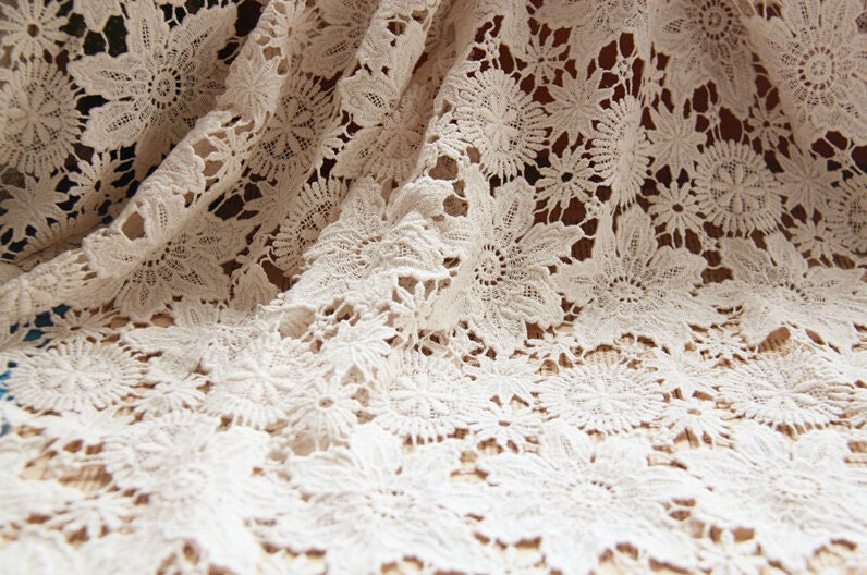 Vintage Style Cotton Fabric, Beige Crochet Lace Fabric, Women Dress and  Window Curtains Fabric 