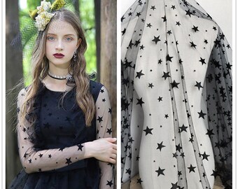 Polka Dot Tulle Lace Fabrics, Flocked Black Stars Tulle, Velvet dots for Vintage Dress, Girl dress, Bridal Prom, Wedding Veil, 59'', By yard