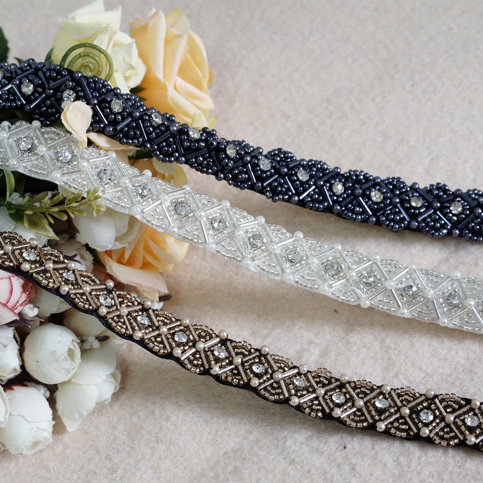 Rhinestones Beaded Ribbon Trim, Beading Bridal Sashes, Wedding Belt ...