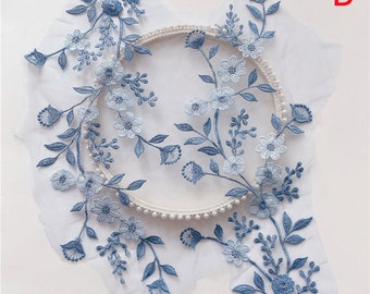 Mirror Pair Dusty Blue Embroidery Flowers Lace Applique, Bodice applique for Lyrical Dance, Bridal, Garments, Costumes design, 1 Pair