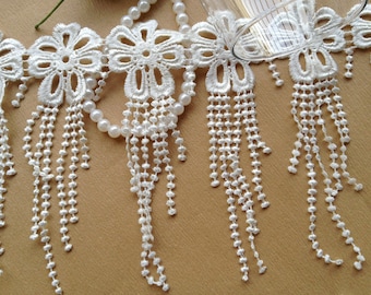 Off White Victorian Flower Dangle Fringe Venice Lace Trim for Bridal, Jewelry, Home Decor, Costume design, by 2 yards