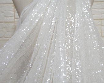 Clear sequins Fabric, Embroidery Bridal Fabric on off white mesh For Wedding event, Bridal Dress supply, Evening wear, Table Decor, 1 yard