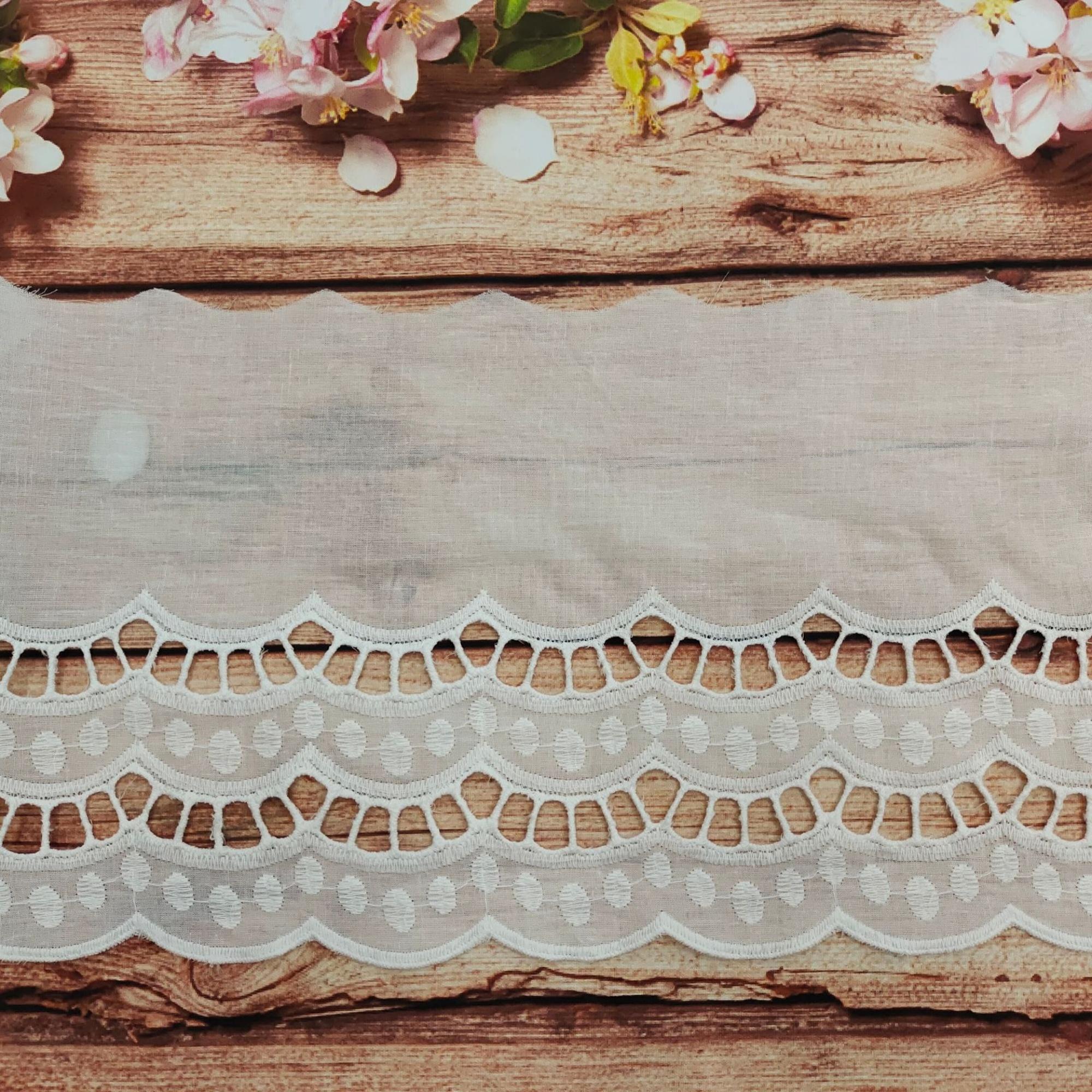 Premium Embroidery Scallop Cotton Lace Trim, Eyelets Cotton Flower