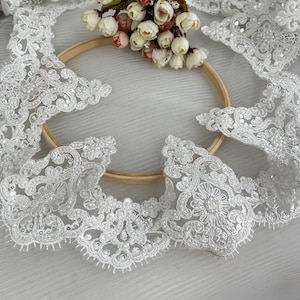 Ivory Bridal Floral Alencon cord lace trim, scallop border Beaded trim for Wedding veil, Couture design,  Embellishment, by 1 Yard
