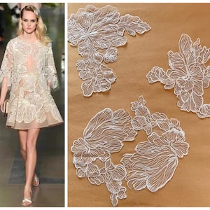 Large Leaf flowers Sequins Branch lace Applique in Off white, Bodice Lace Applique, For Ball Gown, Wedding, Houte Couture, By 1 Piece