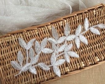 White / Ivory Lace Applique Chic Leaf Trim Applique for Bridal, Headbands, Sashes, costume design, 1 pair