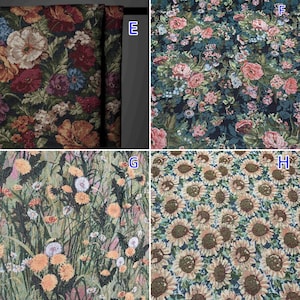 Puede incluir: Un collage de cuatro paneles de telas tejidas. El panel E muestra un tapiz floral oscuro. El panel F presenta un estampado floral denso en rosa y azul sobre negro. El panel G muestra dientes de le&oacute;n amarillos. El panel H muestra un patr&oacute;n de girasoles.