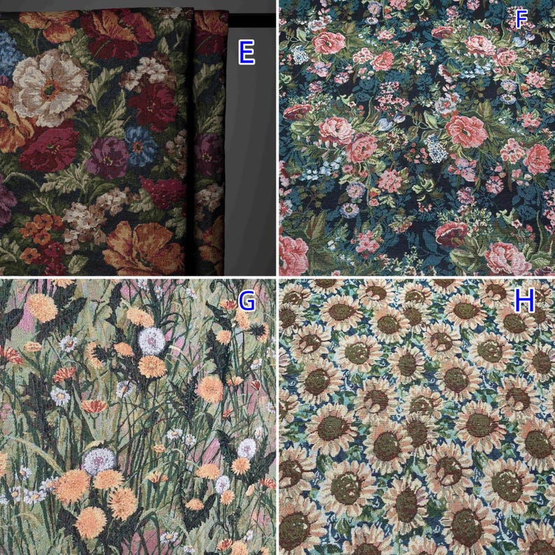 Puede incluir: Un collage de cuatro paneles de telas tejidas. El panel E muestra un tapiz floral oscuro. El panel F presenta un estampado floral denso en rosa y azul sobre negro. El panel G muestra dientes de le&oacute;n amarillos. El panel H muestra un patr&oacute;n de girasoles.