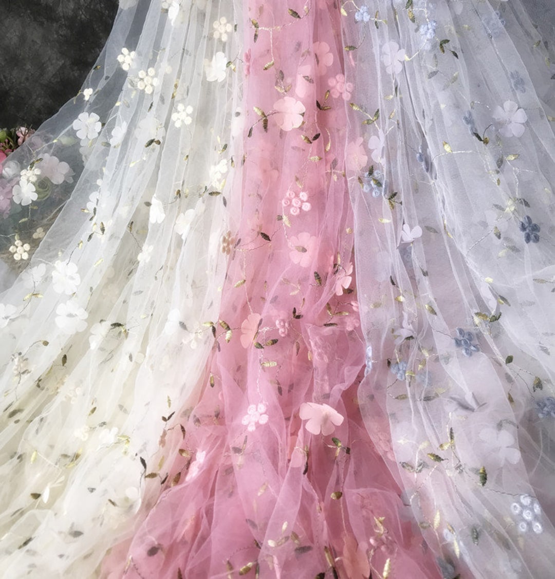 Soft 3D Floral Overlay Tulle Lace Fabric, Colorful